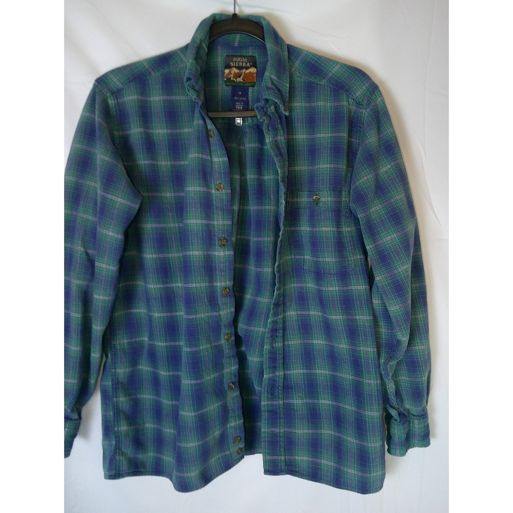 Vintage High Sierra Mens Plaid Flannel Shirt Medium Green Blue Long Sleeve‎